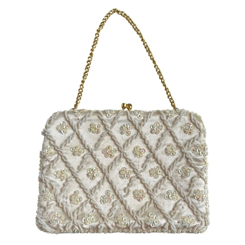 Vintage Cream Convertible Clutch Evening Bag With Sequins & Beads Hand Made - Picture 11 of 11